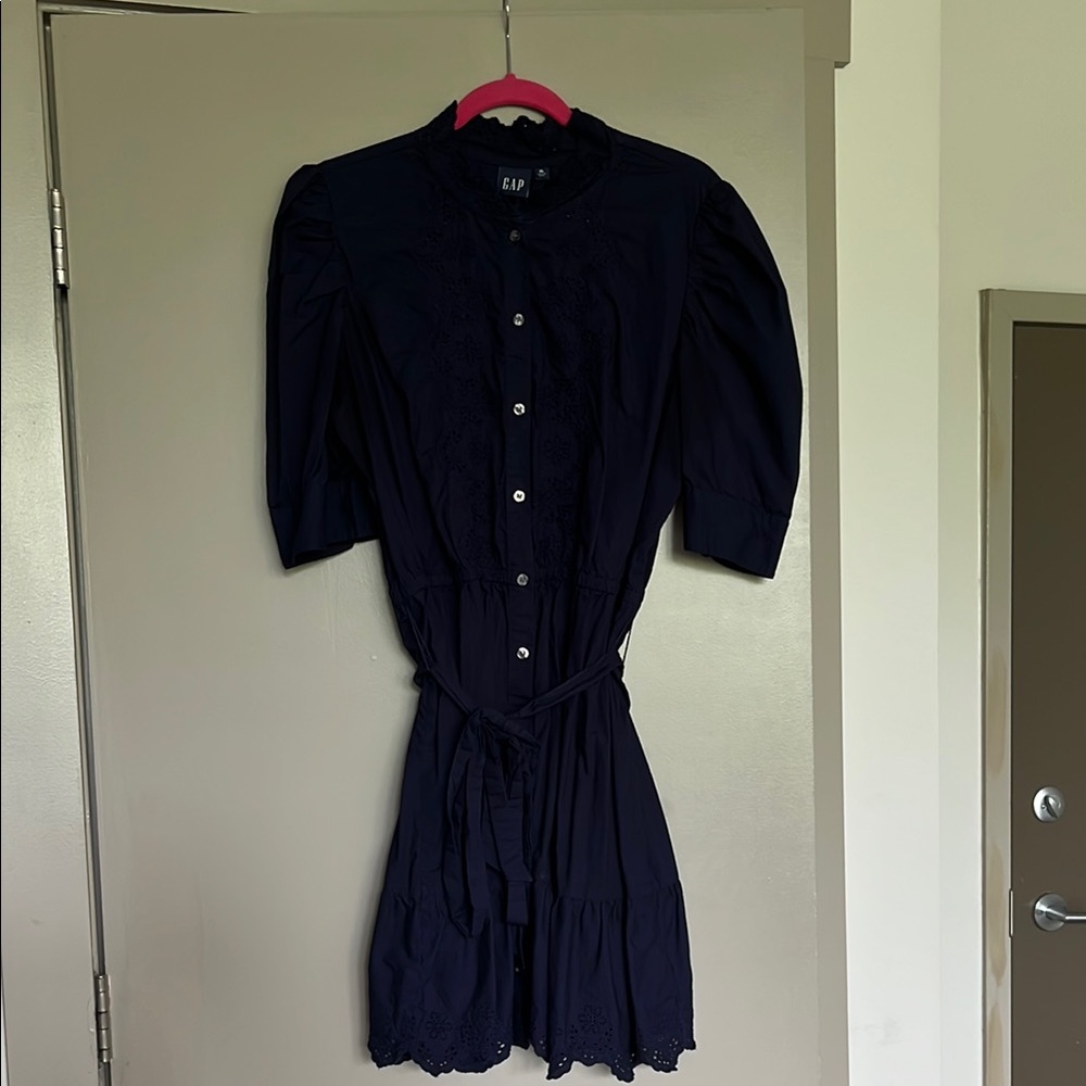GAP Blue Pleated Midi Dress with Puff Sleeves